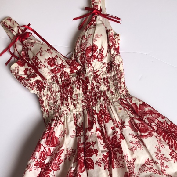 Red and white shirred waist Sun Dress - Picture 6 of 7